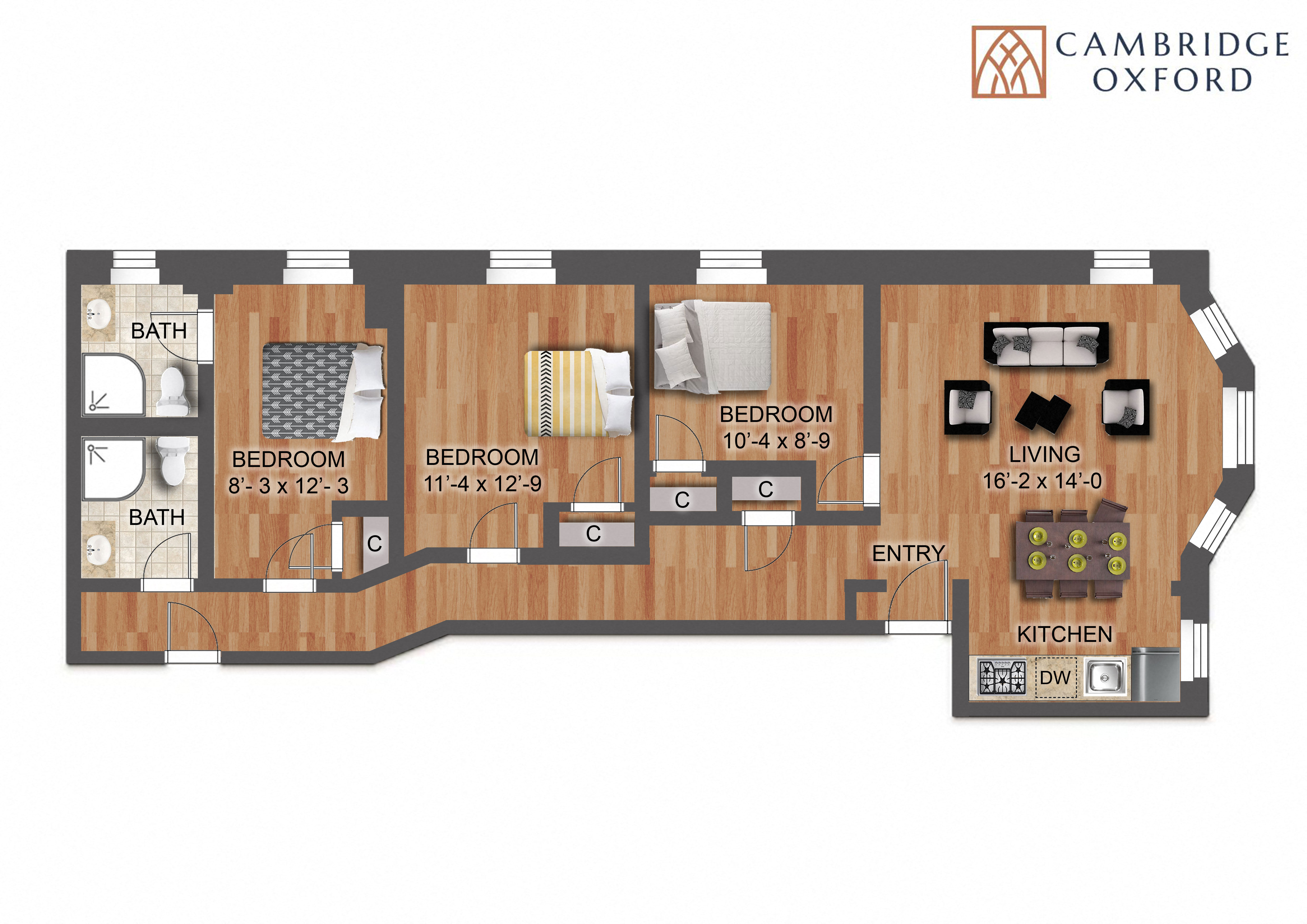 Floor plan for 3 beds, 2 baths, 975 sqft